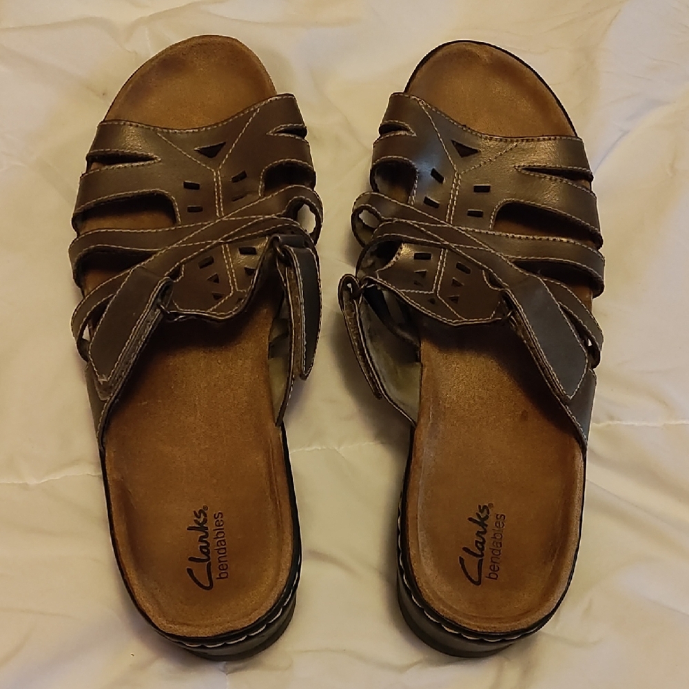 Clarks Dark Brown Leather Slip-On Sandals